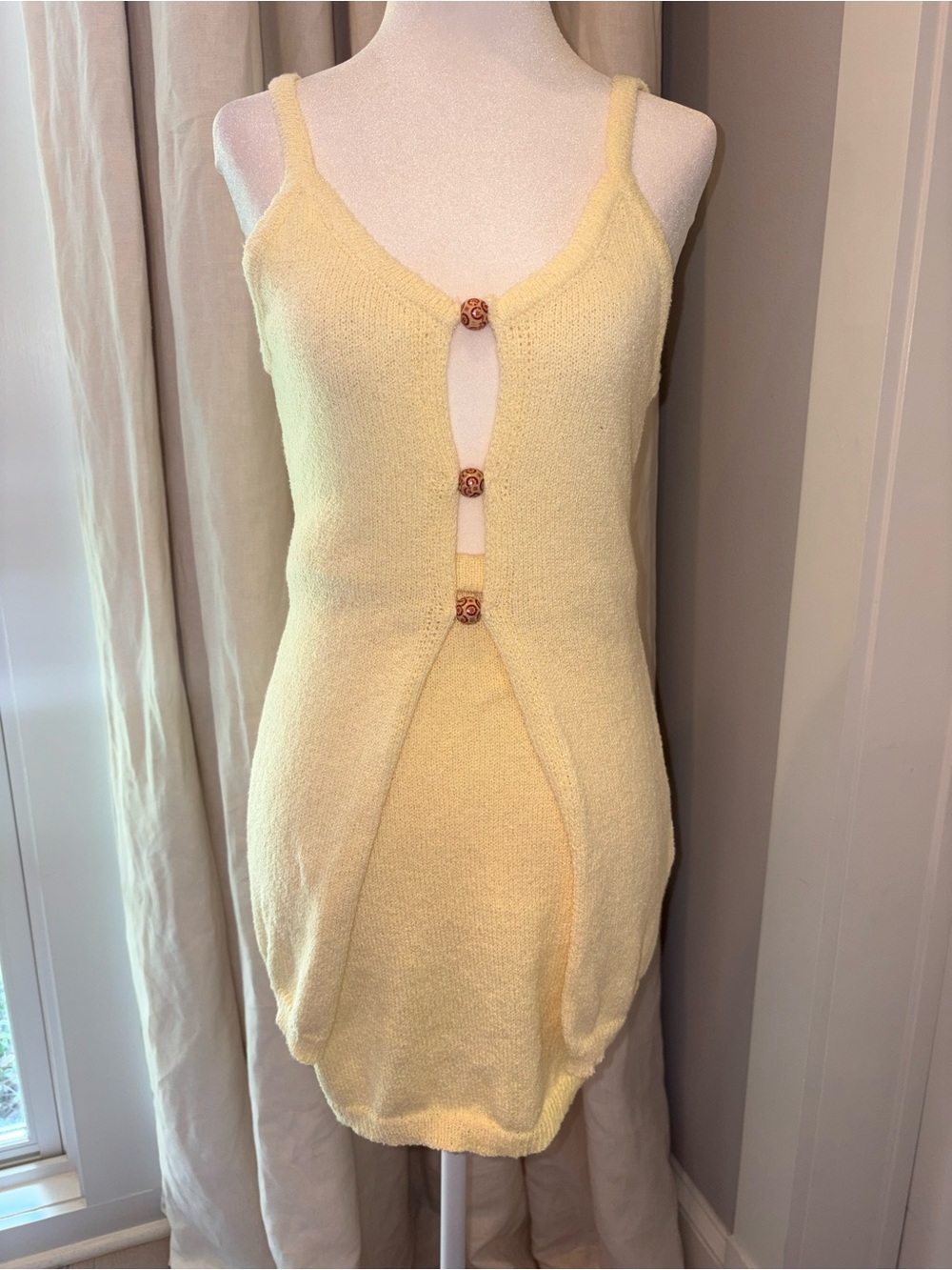 Soft Yellow Knit Button-Front Slip Dress Small